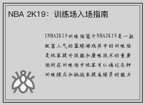 NBA 2K19：训练场入场指南